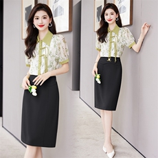 气质套装女夏新款复古盘扣洋气减龄印花衬衣修身包臀半身裙两件套，女装套装/套裙，火爆靓佳人