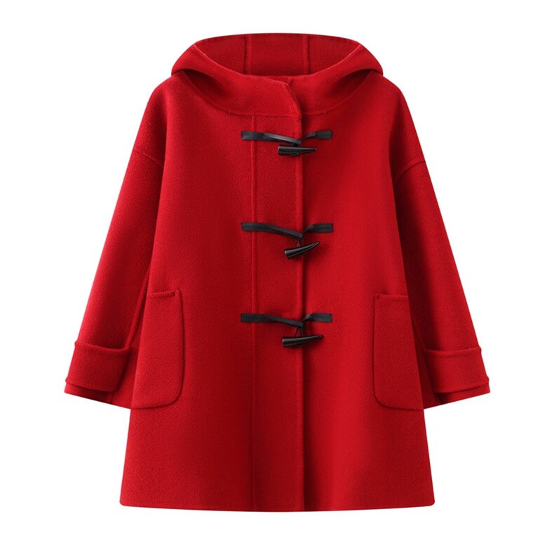 秋冬儿童羊毛大衣长款连帽牛角扣羊毛，童装外套，鑫贝羊绒