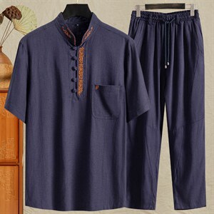 男士唐装中式盘扣短袖衬衫风立体刺绣T恤套装526+1665-P115，男装民族服装，星座1105-3