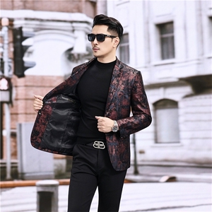 春秋款男士绵羊皮西服真皮休闲外套中年男装百搭通勤夹克红彩条图片