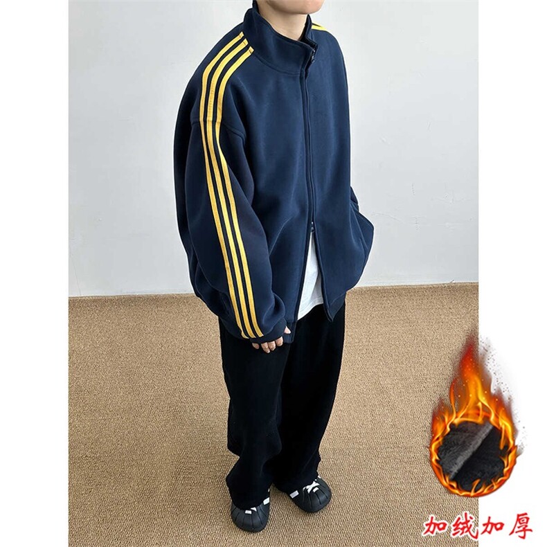 美式复古加绒加厚条纹卫衣男款立领外套潮牌高级感痞帅开衫夹克,男装夹克,星座1210-1