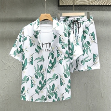 夏季青年花色印花衬衫套装男士多色宽松短裤套装TZ008-P45-控价79，男装休闲套装，电商A128