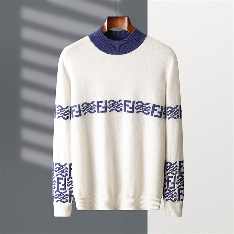 拼色字母提花山羊绒衫男士毛衣白色针织打底衫内搭上衣秋冬羊毛衫，男装羊绒套衫，纳丰羊绒