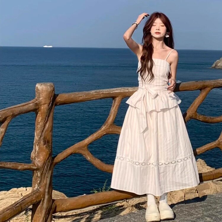 2025夏日海边度假风抹胸蝴蝶结系带气质连衣裙女学生收腰显瘦长裙,女装连衣裙,星座1210-1