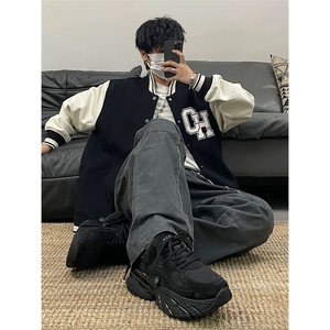抖音得物高品质全棉380克潮立领棒球服开衫印花卫衣外套ACM1203
