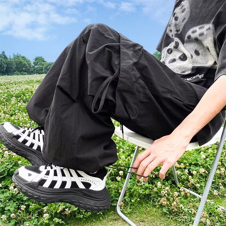 复古天蓝色美式工装裤女夏季小众辣妹风褶皱休闲伞兵裤P40,男装休闲裤,星座1116-2