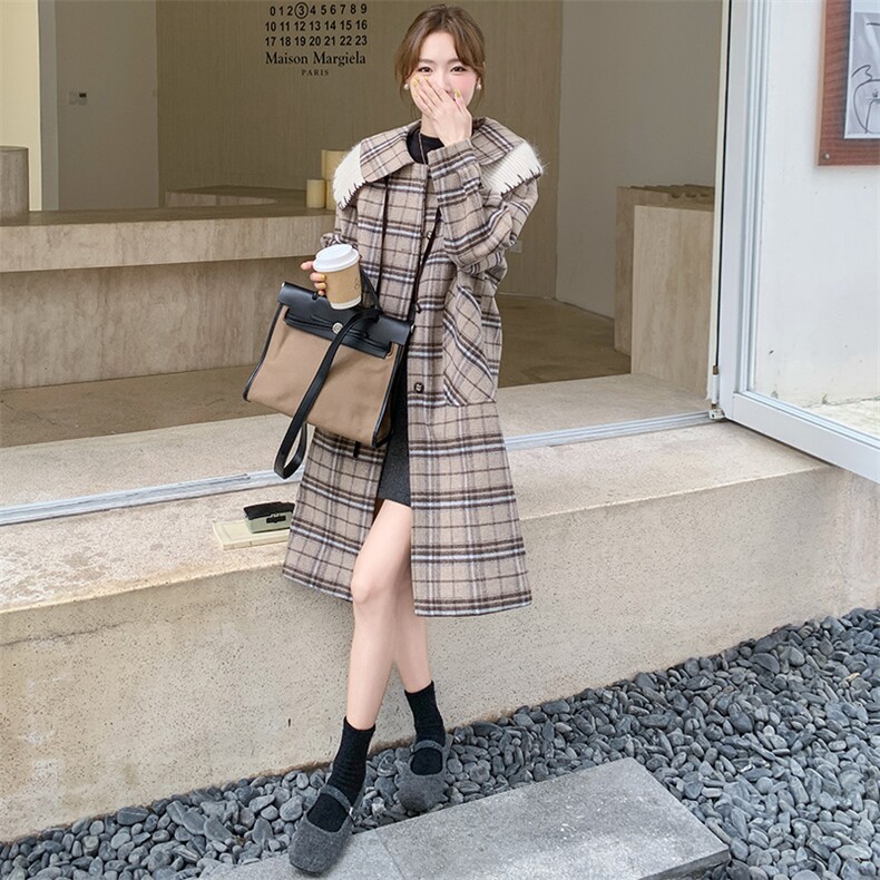 韩系俏皮娃娃领格纹毛呢大衣女2025年秋冬季新款显瘦长款呢子外套,女装毛呢外套,纯色衣恋