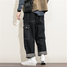 2021春秋季新日系白墙大码男工装多口袋大裤脚阔腿牛仔裤N8026-P50，男装牛仔裤，电商A001
