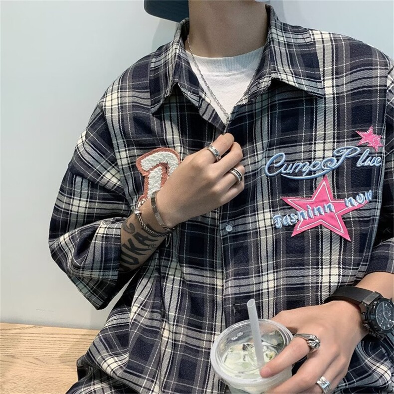 美式复古格子刺绣短袖衬衫男女宽松夏季情侣设计感衬衣CS511-p35图片