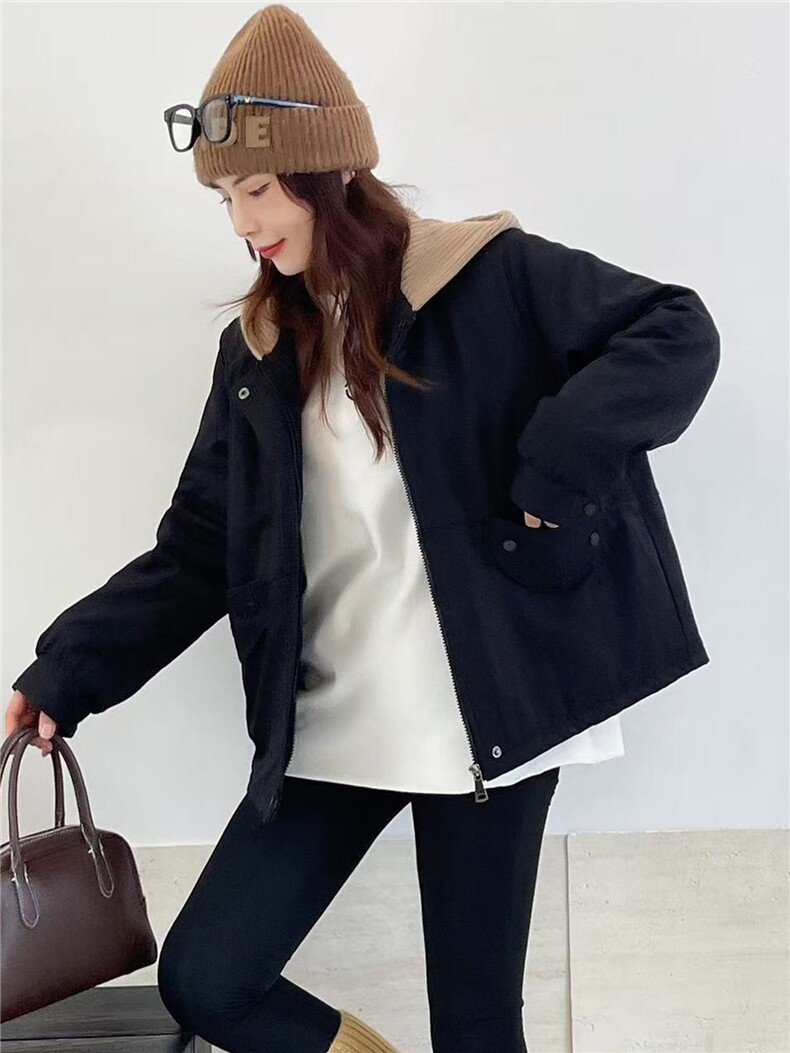 冬季加绒派克服棉衣女2025新款小个子针织连帽休闲工装棉衣外套,女装棉衣/棉服,江忆布依