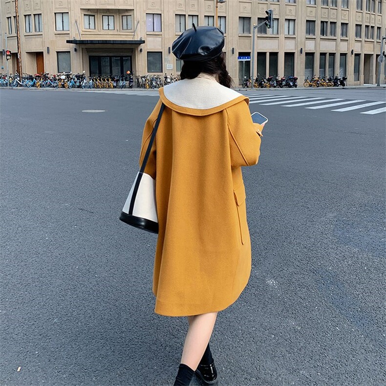 【新品】出货中娃娃领学院风撞色毛呢大衣807-P185-K265,女装毛呢外套,浙宝189