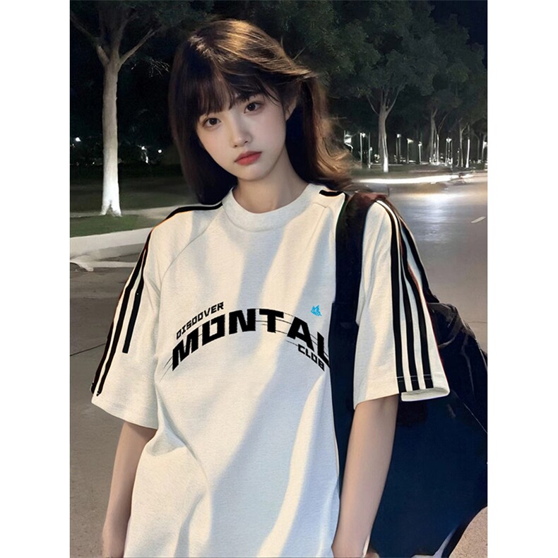 抖音得物高品质二开240克宽松纯棉美式潮牌三条杠织带短袖T恤,男装T恤,电商A486-1