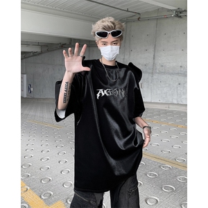 小众解构拼接亮面垫肩短袖t恤24夏设计感上衣 XZ514-2-202410-P68图片