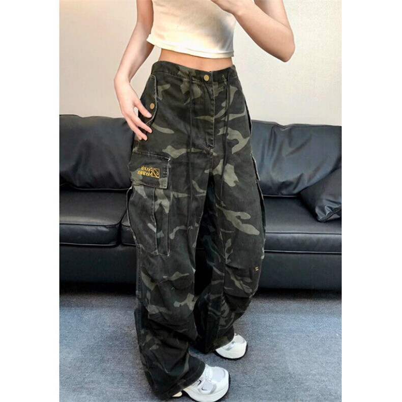 多口袋迷彩阔腿裤女潮牌街头嘻哈休闲直筒宽松工装休闲裤 KB41图片