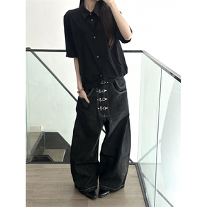 WE1951-P52丹宁原牛飞机扣baggy廓形弯刀牛仔裤,丹宁牛仔裤怎么穿搭图片