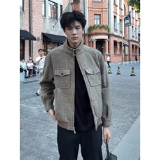 美式复古千鸟格毛呢外套时尚痞帅休闲潮牌男夹克513AJK2421P67，男装夹克，星座513A