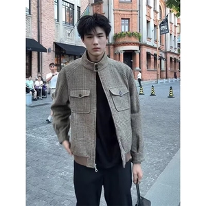 美式复古千鸟格毛呢外套时尚痞帅休闲潮牌男夹克 513AJK2421P67图片