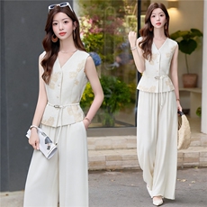 2026年夏季老钱风女阔腿裤绣花麻料马甲两件套裤，女装套装/套裙，贝蕾酷儿