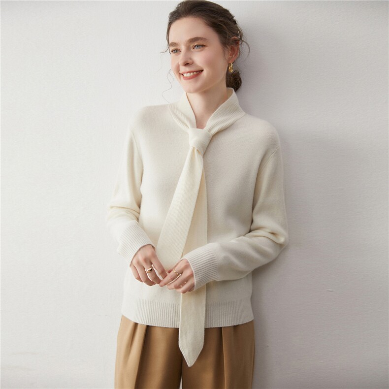 2025年秋季新款百搭女士胸口蝴蝶结领带款，女装羊绒衫，蒂暖羊绒