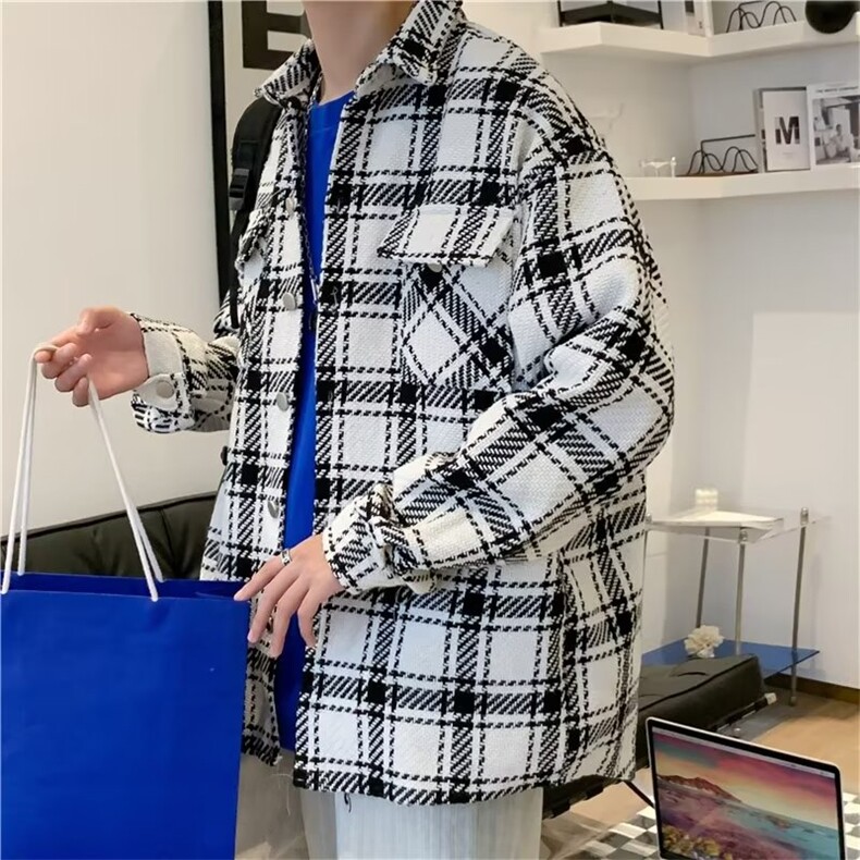 黑白格子小香风外套男高级感秋季男装复古翻领工装夹克JK934-P65,男装夹克,星座1103-3