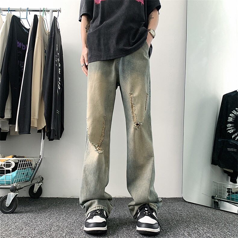 美式高街破洞微喇牛仔裤港风水洗牛仔裤喇叭裤XZ302B-1-K636P50,男装牛仔裤,星座302B-1