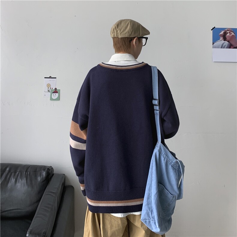24秋装港风针织衫V领长袖毛衣JK宽松制服情侣慵懒风中性W08/P65,男装针织衫/毛衣,电商A221A