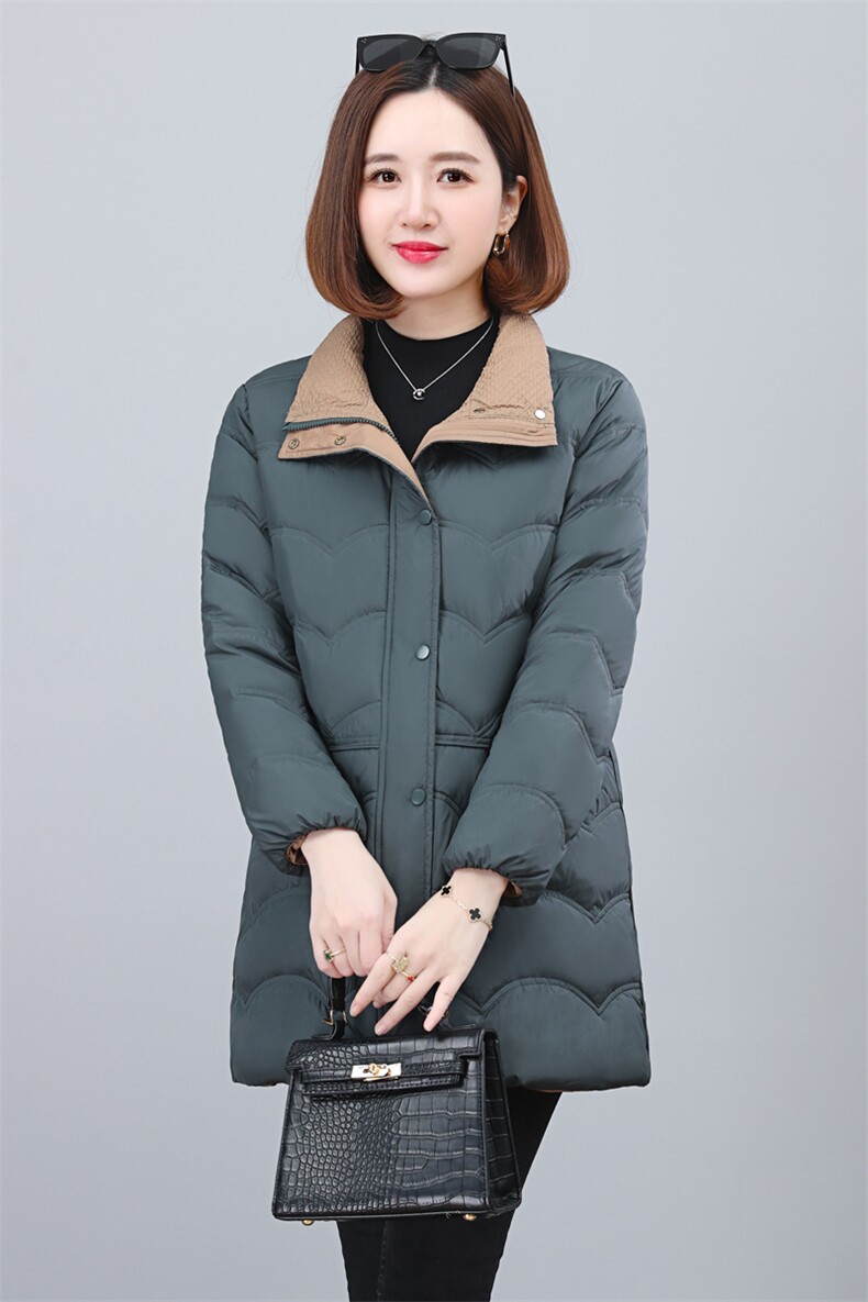 2023年冬季气质中长款撞色翻领羽绒服,女装羽绒服,依恋蒂丝