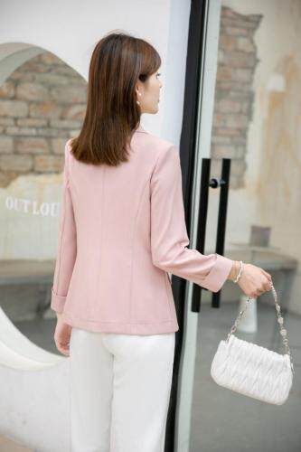 【新款现货】秋季亮丝条纹粉色气质小西装，女装西装，水锦红