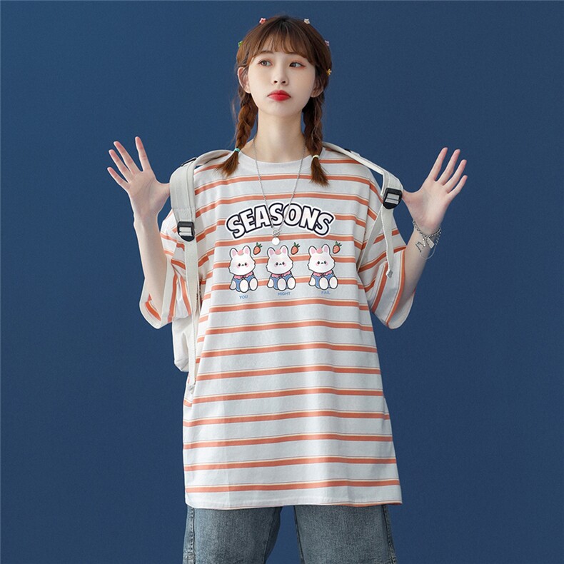 中性夏季条纹撞色印花卡通图案圆领情侣短袖T恤T864P35控48,女装T恤,A247A
