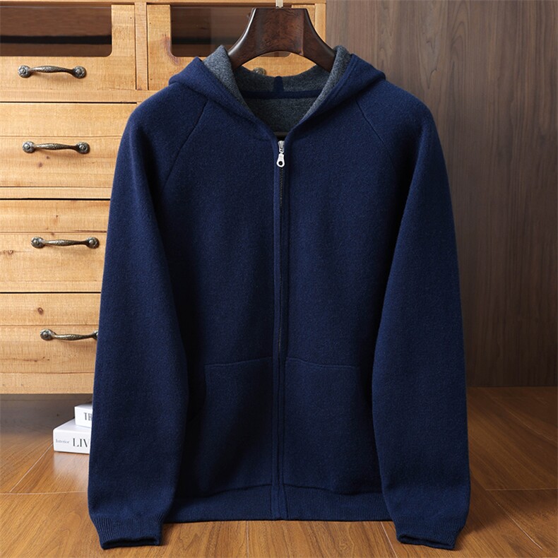 时尚男士双色空气层羊绒帽衫舒适保暖经典百搭男装，男装羊绒开衫，榆莲羊绒