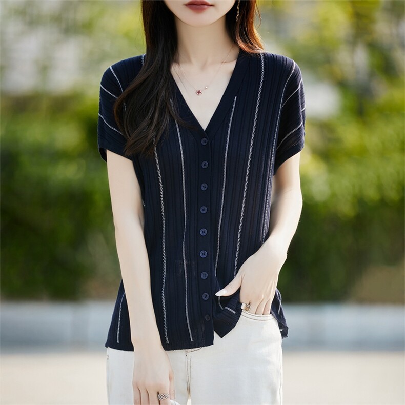 外搭V领莱赛尔天丝短袖开衫T恤女宽松撞色条纹针织休闲半袖上衣潮,女装T恤,暖烁羊绒