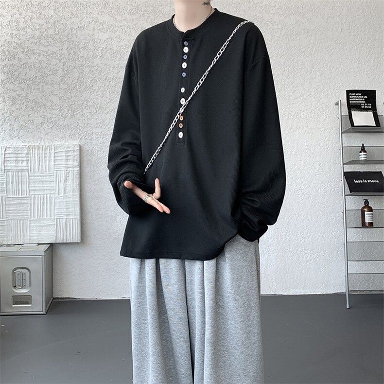 8XL-M 慵懒肌理感华夫格廓形云母贝纽扣长袖T恤打底长袖CX3006P48图片