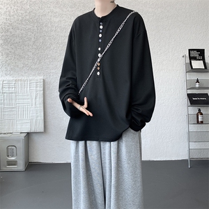 8XL-M 慵懒肌理感华夫格廓形云母贝纽扣长袖T恤打底长袖CX3006P48图片