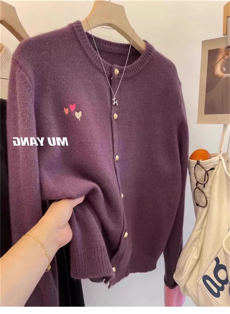 时尚百搭羊毛刺绣爱心针织开衫,女装羊毛衫,百纯羊绒