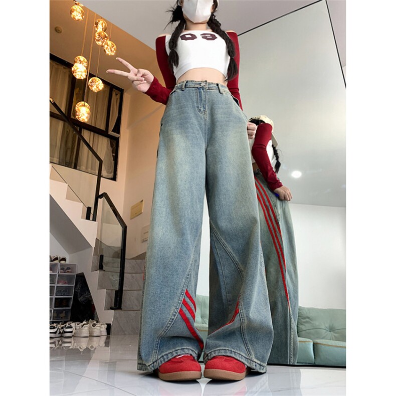 美式复古条纹撞色拼接牛仔裤潮 N282 P45图片