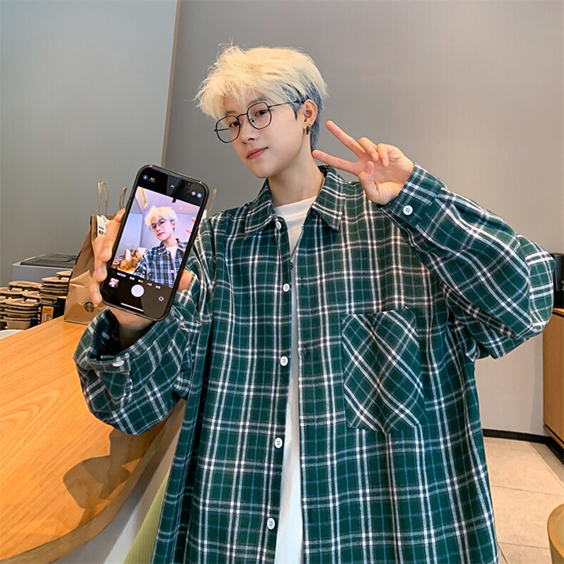 2025春季衬衣男新款港风大码宽松磨毛长袖格子衬衫CS530-P38(现货，男装衬衫，星座214-3