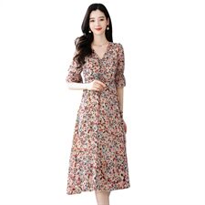 2021新款夏款小个子中长款复古V领碎花雪纺连衣裙，女装连衣裙，瑶迪依秀