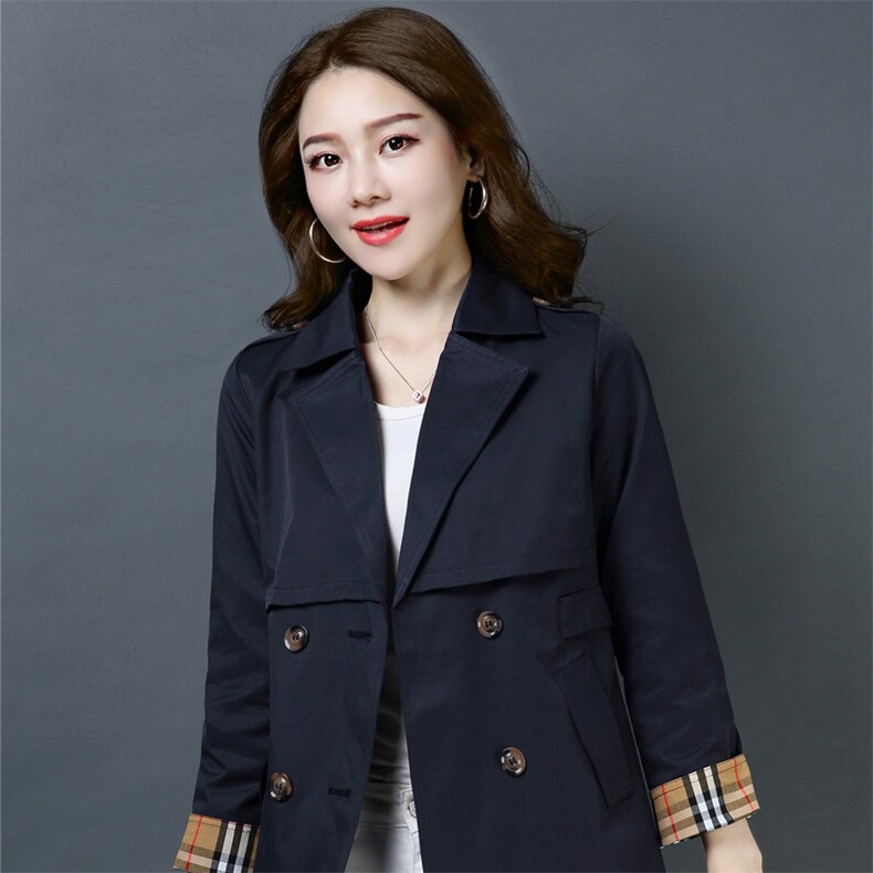 2022春季简约休闲袖边苏格兰格子风衣，女装风衣，依倍林