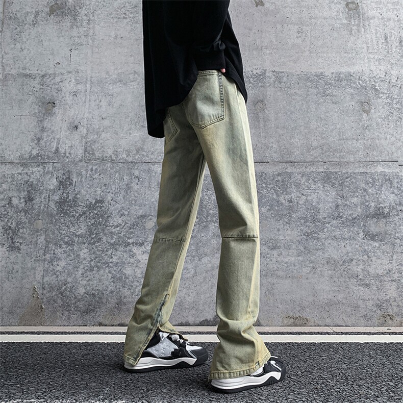 货足秋冬高街vibe修身长裤黄泥染拉链牛仔裤男K823-P55,男装牛仔裤,星座205