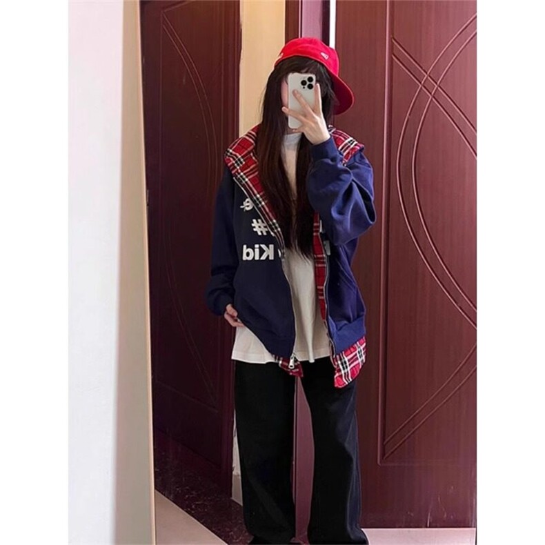 假两件格子拼接连帽卫衣高级感美式开衫外套WY653特P50,女装短外套,星座908-1