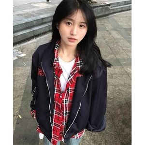 美式小众格子拼接假两件外套男女春季复古工装飞行员夹克 JK8561图片