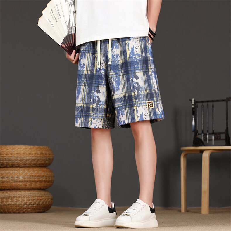 扎染格子短裤夏休闲五分裤潮牌痞帅炸街裤子A436-8155-特P25,男装牛仔裤,电商A436
