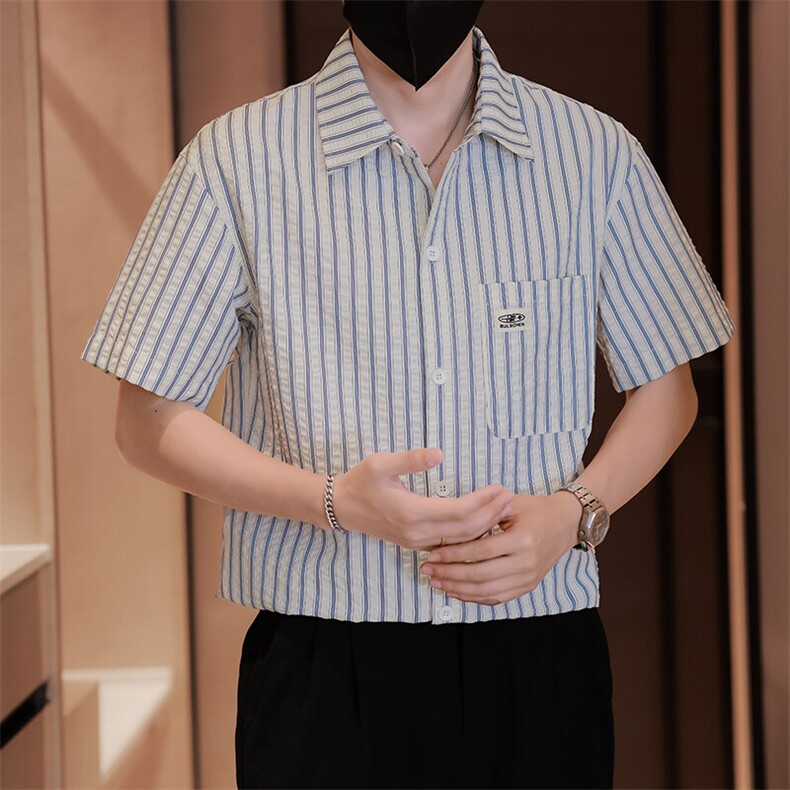 大货条纹衬衫男短袖夏季2025新款帅气衬衣C317-C803-P50,男装衬衫,电商C317