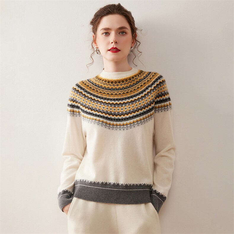 时尚休闲2025秋冬亲肤山羊绒衫女士提花毛衣复古半高领针织打底衫，女装针织衫/毛衣，绒盛美羊绒