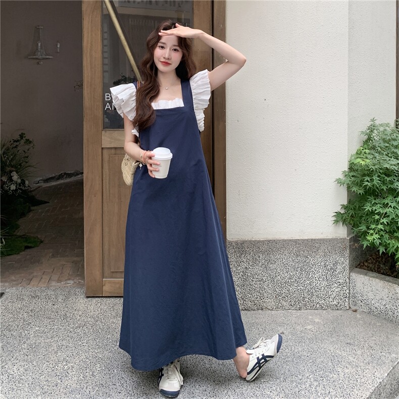 小飞袖衬衫蓝色背带裙女夏两件套连衣裙俏皮减龄学院风流行超火,女装连衣裙,2D045