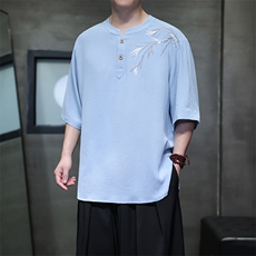 夏季冰丝立领短袖男风刺绣青年五分袖大码垂感T恤男T812P55，男装T恤，电商A021A
