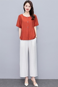 时尚棉麻套装女夏季洋气减龄遮肚子宽松显瘦休闲亚麻阔腿裤两件套图片