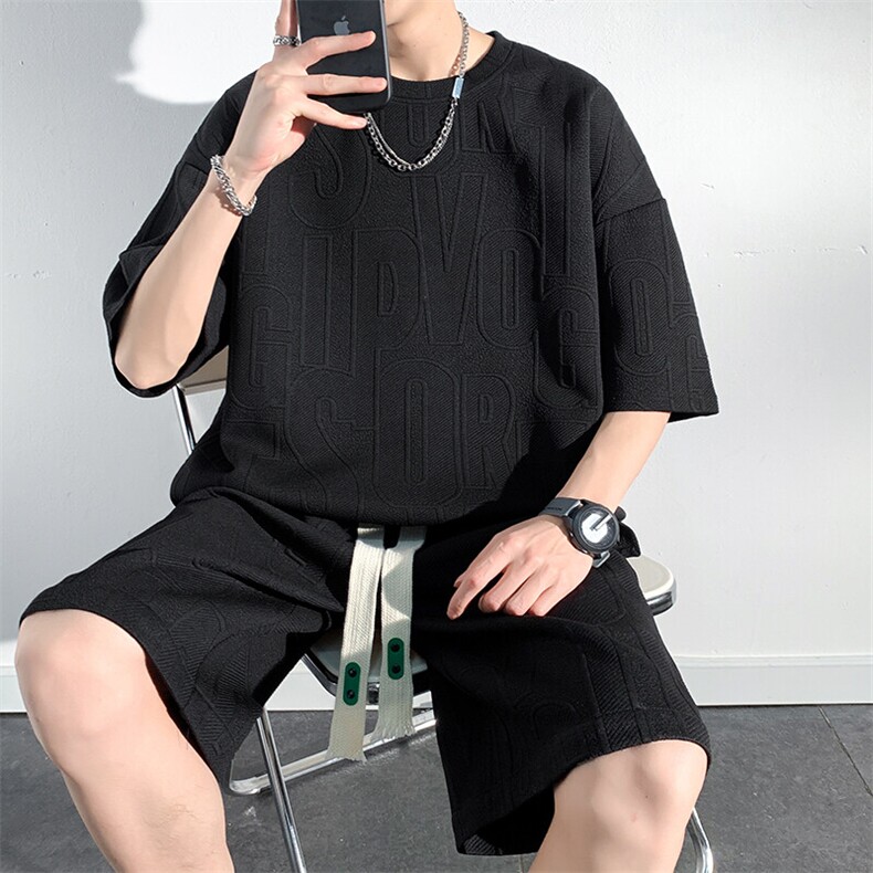 特批P45无差价夏潮开叉字母短袖T恤套装男时尚五分裤两件套TZ038,男装休闲套装,电商A001