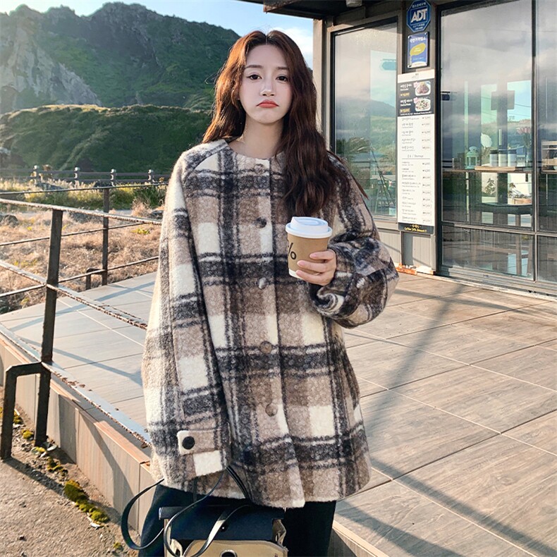 新款毛呢外套配围脖格子大衣7325-P230-K318,女装毛呢外套,2C109