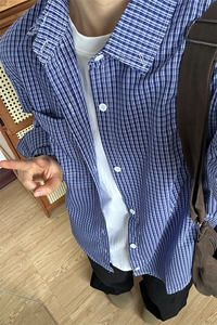 格子衬衫春夏美式蓝色格子衬衫港风情侣装休闲长袖衬衣CS276-P35图片